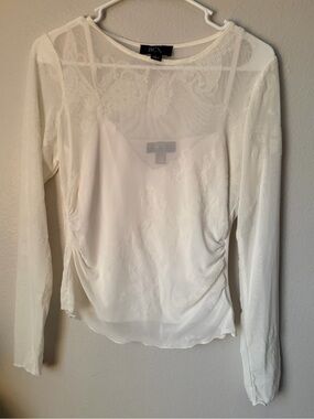 BCX White Sheer Paisley Mesh Top Cami Set Ruched Long Sleeve Blouse L fairycore
